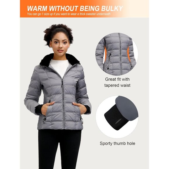 π Women Grey Down Puffer Jacket Warm Winter Coat Faux-Fur Collar Hooded Comfort - Picture 6 of 7